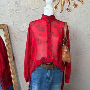 Lizsport Red‎ Paisley Print Long Sleeve Button Down Tunic Top Women's